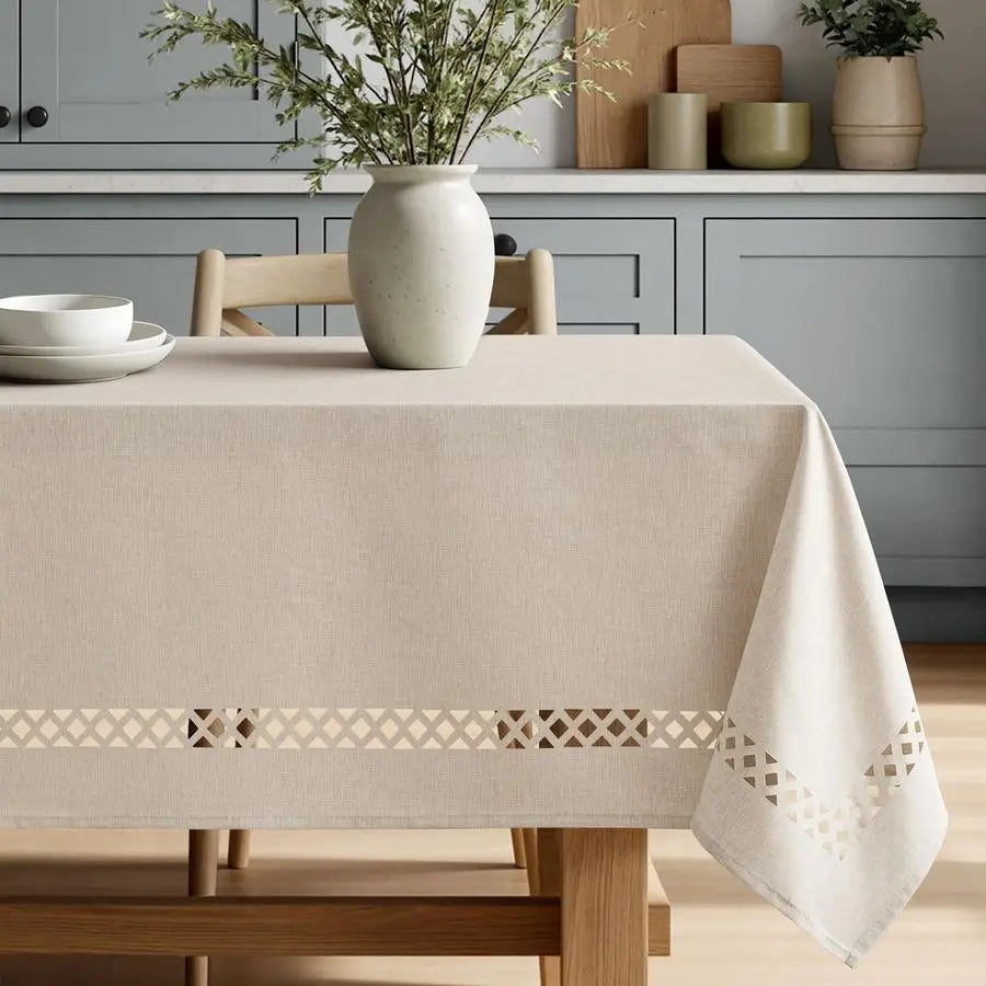 Beige Rectangle Linen Polyester Tablecloth with Decorative Cutouts Spring Waterproof Stain Resistant amp ShrinkProof Table Cloth