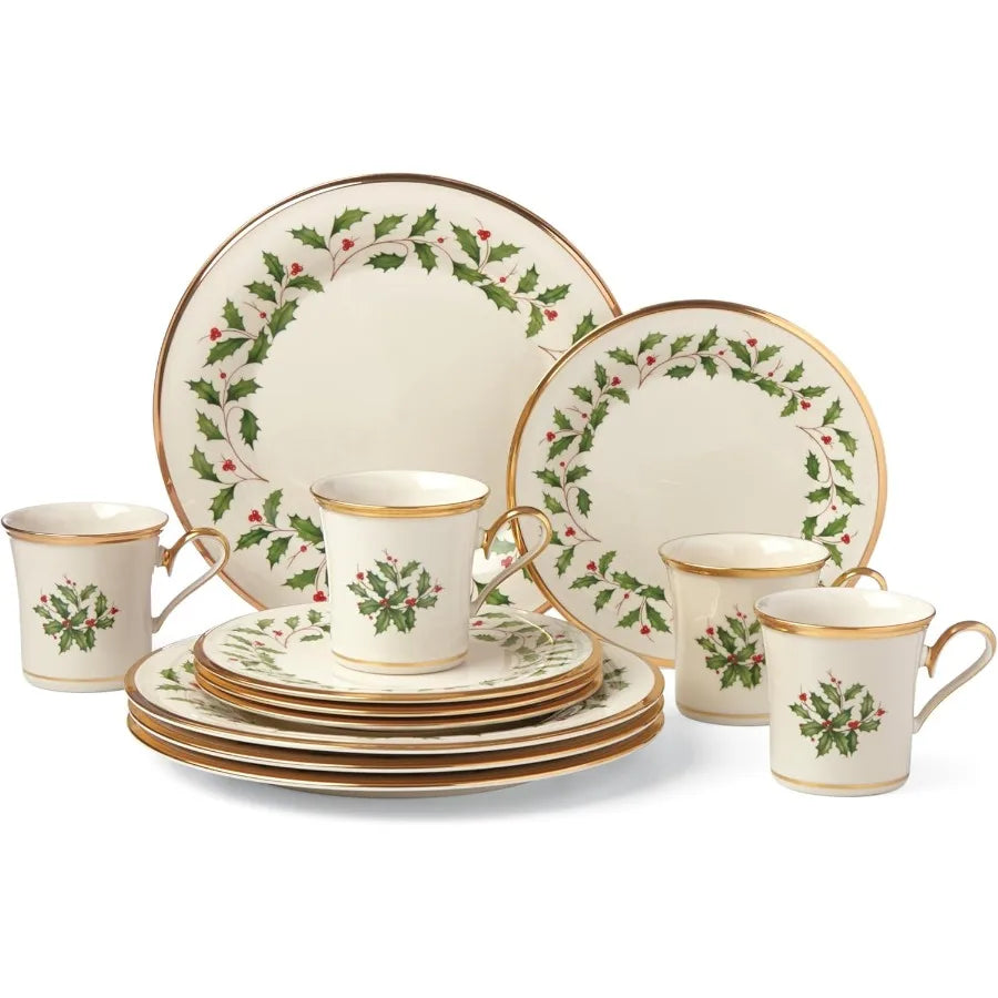 Holiday 12-Piece-Plate-&-Mug Set, Christmas Dinnerware, Hosting