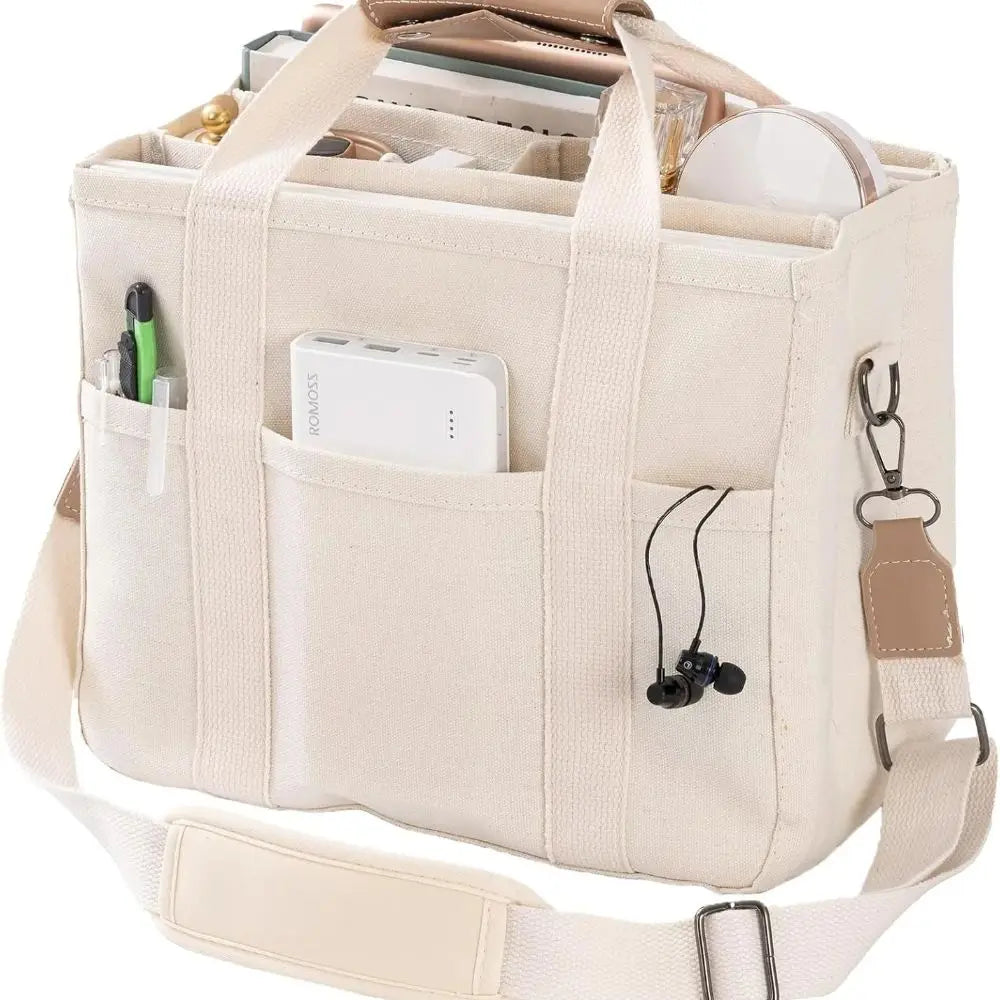 Women’s Canvas Tote Bag with Multiple Pockets, Large Capacity Shoulder Messenger Bag, Durable & Versatile for Daily - White
