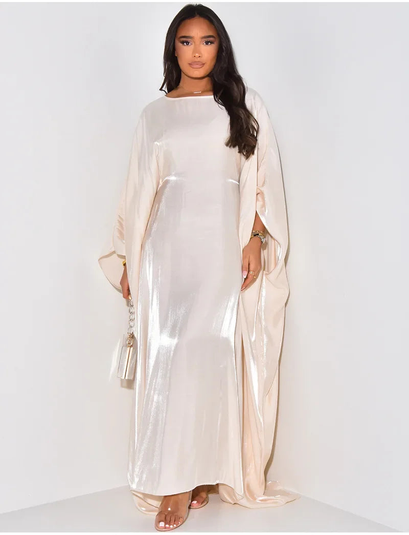 BWQ Women Loose O-neck Full Batwing Sleeve Long Maxi Dress Summer Satin Vintage Africa Streetwear Vestido Evening Dresses