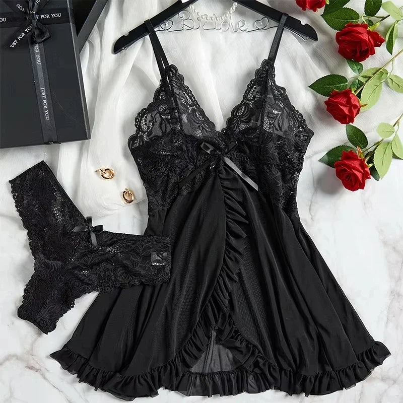 A Set of Tulle Super Sexy Nightgown V-neck Bra Open Nightdress Dress Dress Woman Transparent Pajamas Underwear Luxury Suit