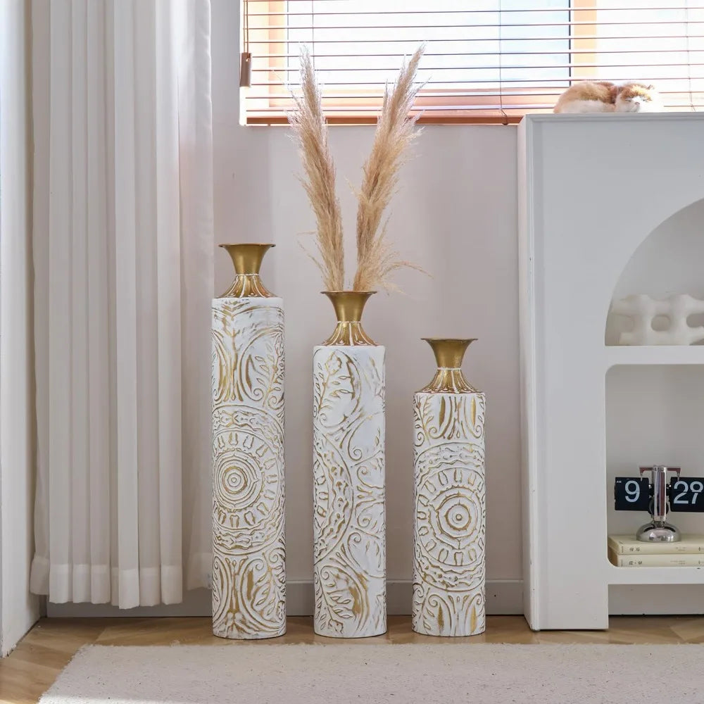 Set of 3 White & Gold Metal Vases - Stylish Floor Decoration, 24in/28.7in/33.5in Tall for Elegant Home Décor