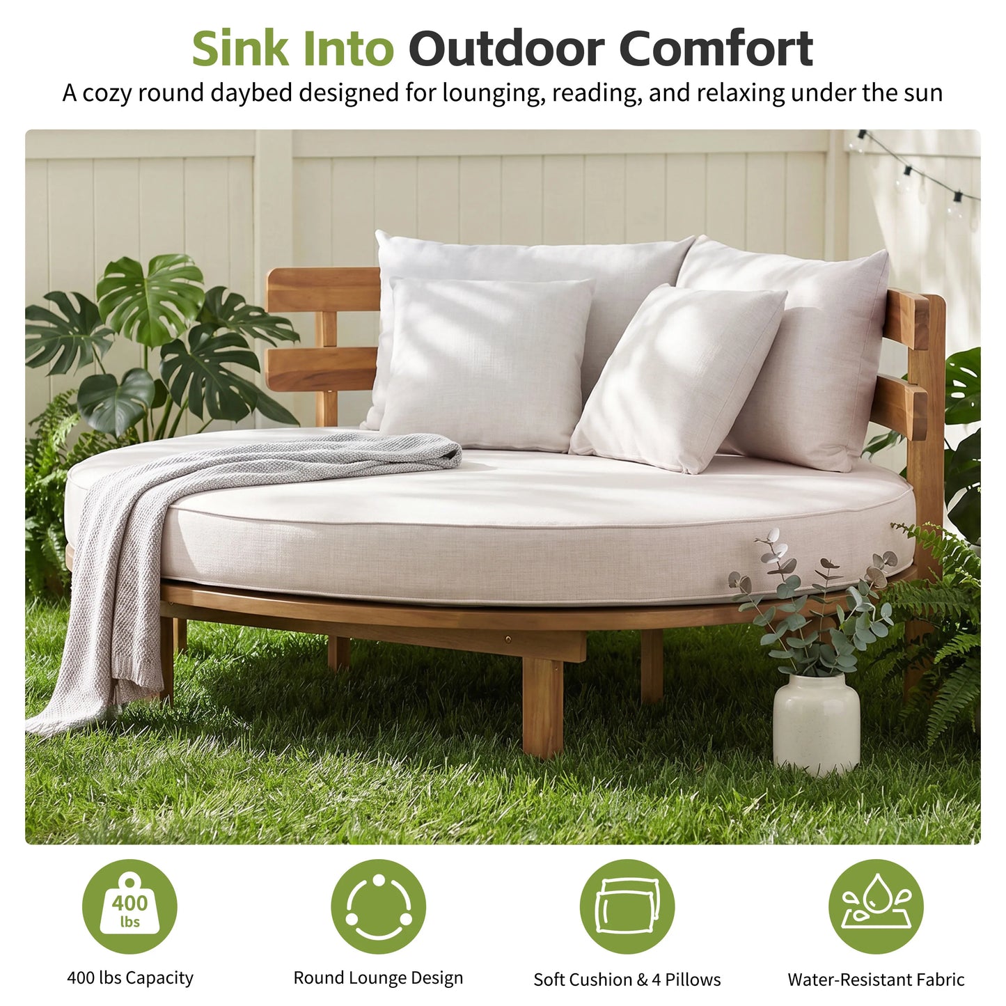 Outdoor Acacia Wood Round Daybed, Patio Lounger with Curved Slatted Backrest, Cushion and 4 Pillows for Backyard, Poolside