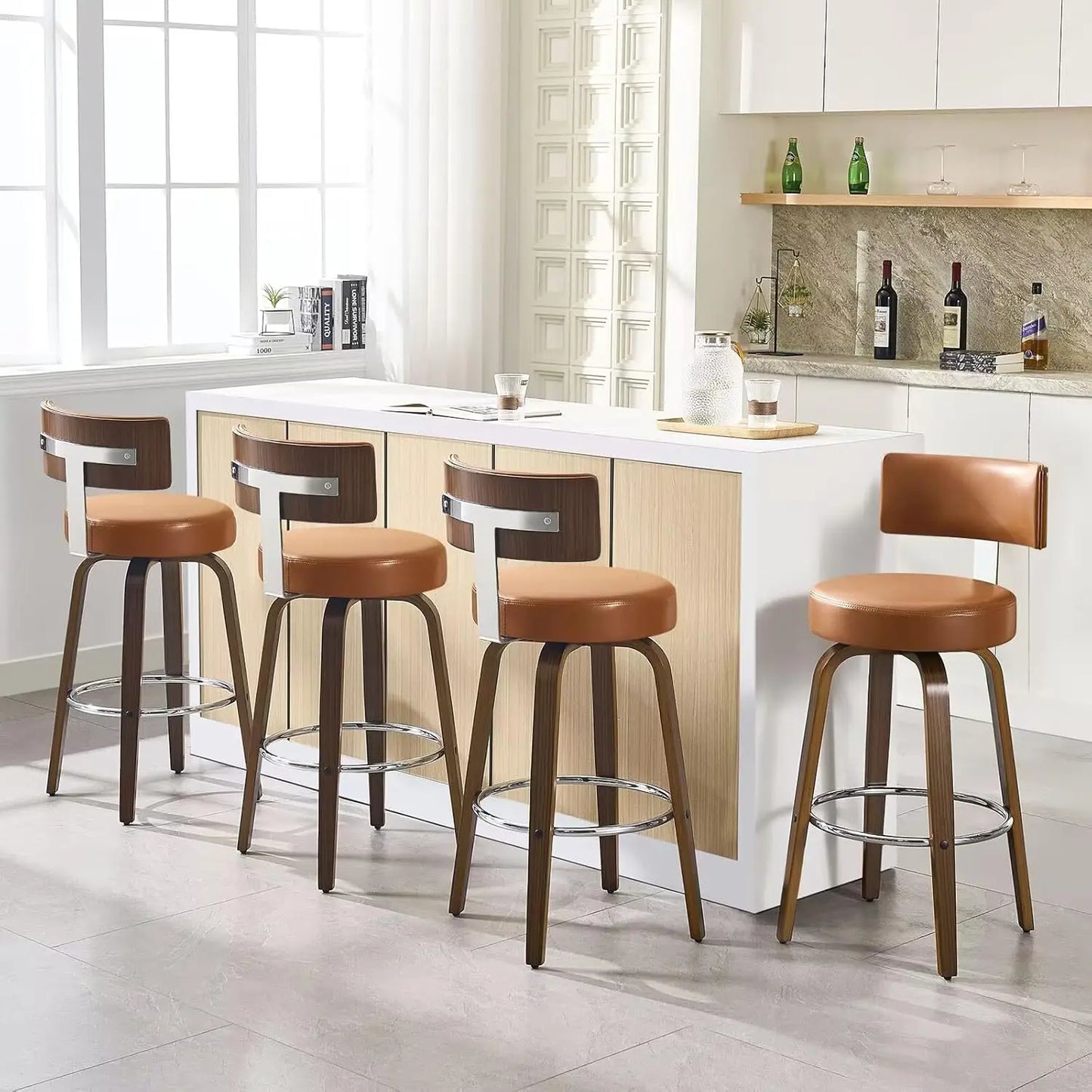 Swivel Counter Height Bar Stools Set of 4, Faux Leather Kitchen Stools Upholstered Barstools with Back, Walnut Wood, Customized