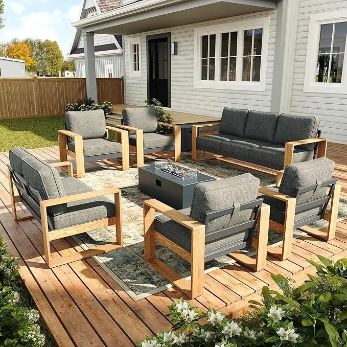 Outdoor Patio Furniture Set, 7-Piece Modern Sectional Conversation Sets with Fire Pit Table, Wide Seat and Thick Cushions