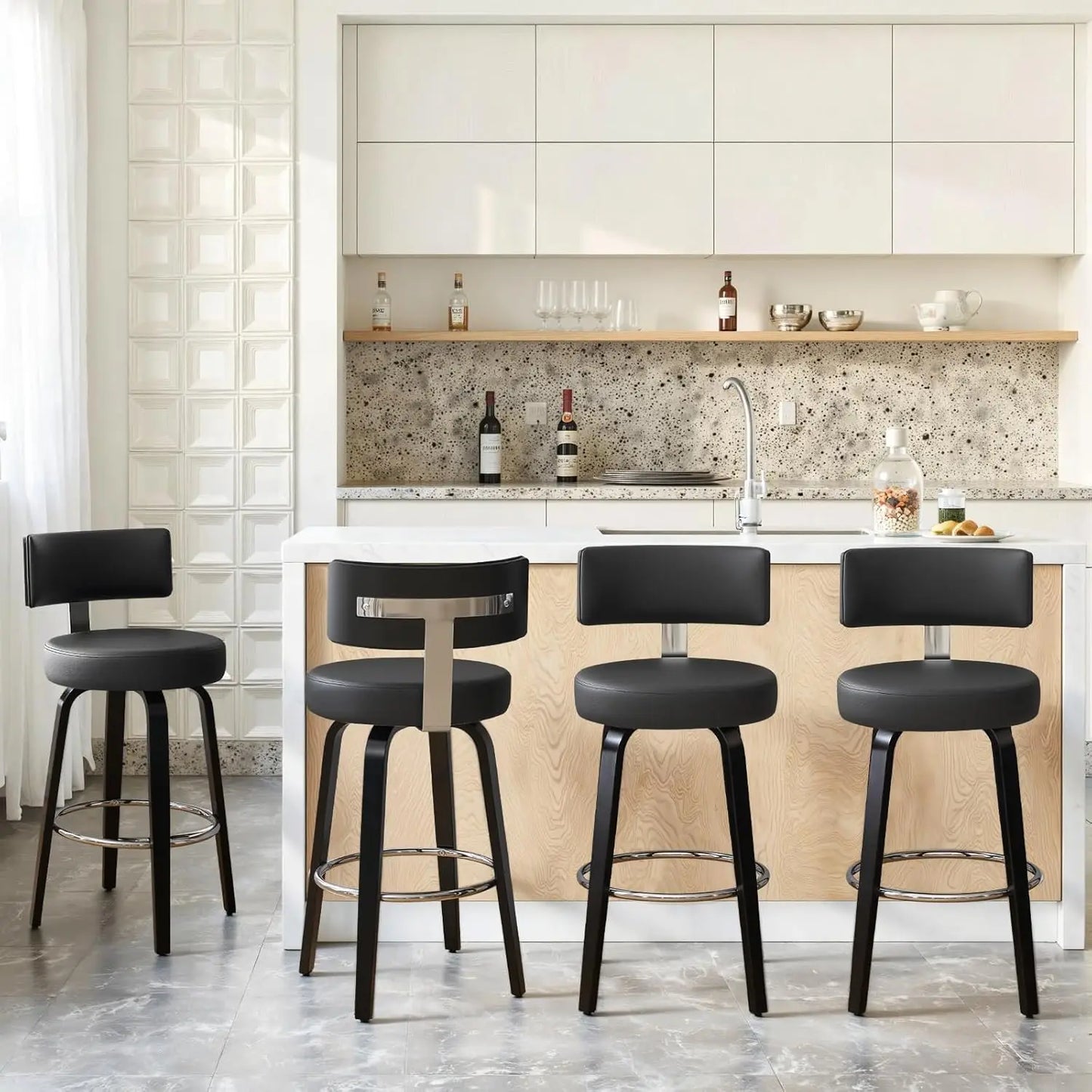 Swivel Counter Height Bar Stools Set of 4, Faux Leather Kitchen Stools Upholstered Barstools with Back, Walnut Wood, Customized