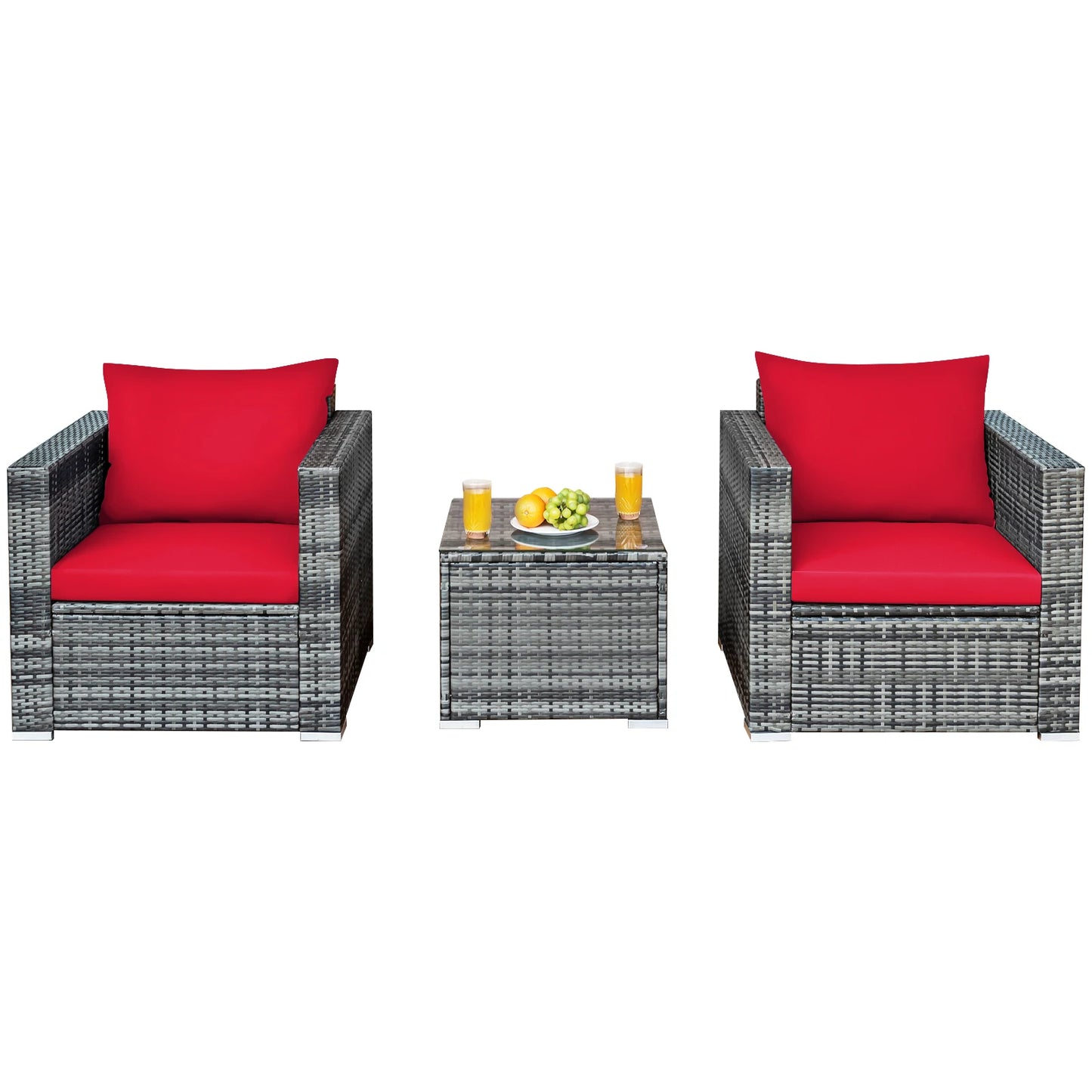 3 PC Patio Rattan Furniture Bistro Set Cushioned Sofa Chair Table Red