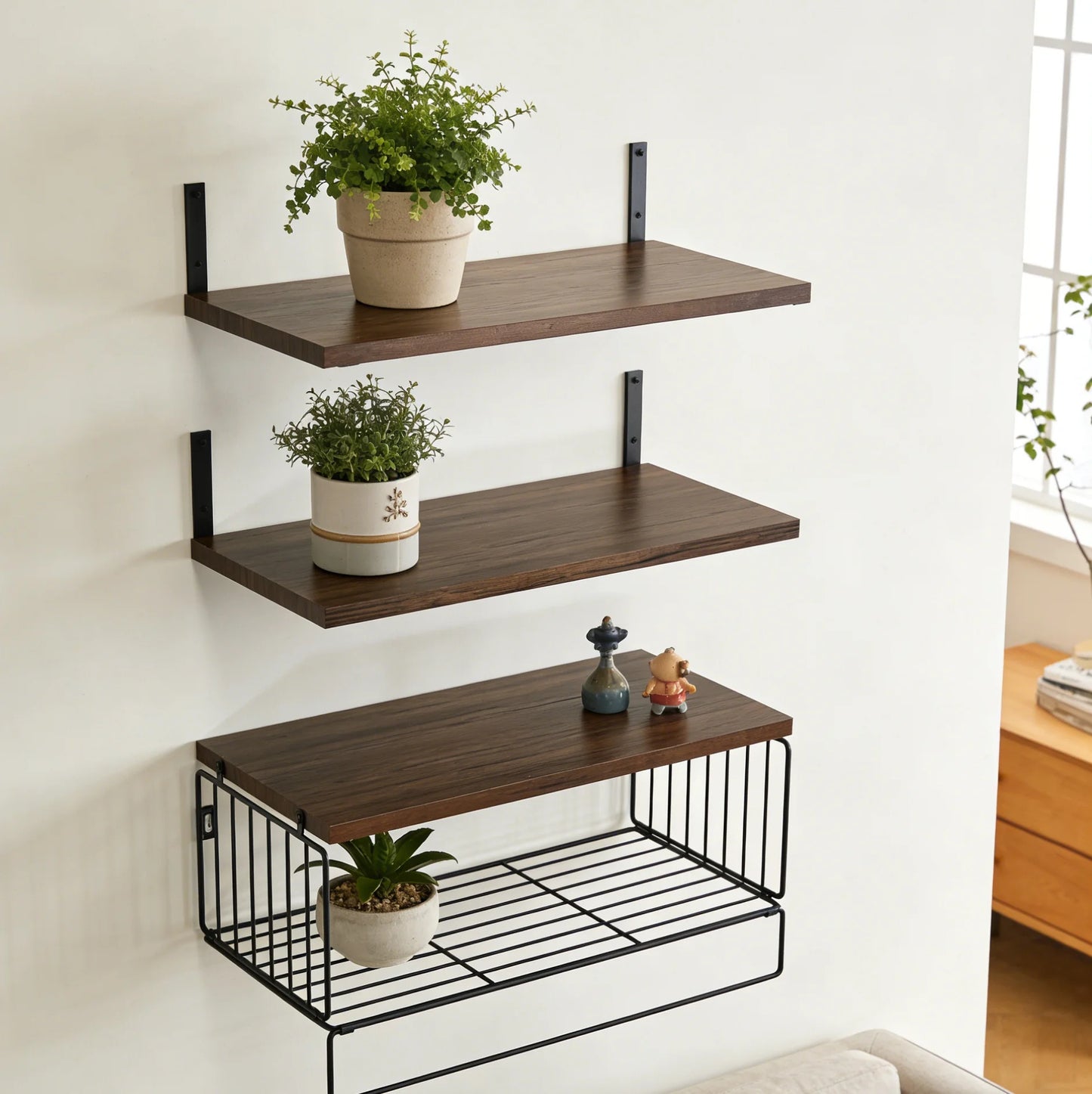 Wall Mounted 3+1 Tier Floating Shelves 16" Width Bathroom Floating Shelf Rustic Wood Shelf Over Toilet with Wire Storage Basket