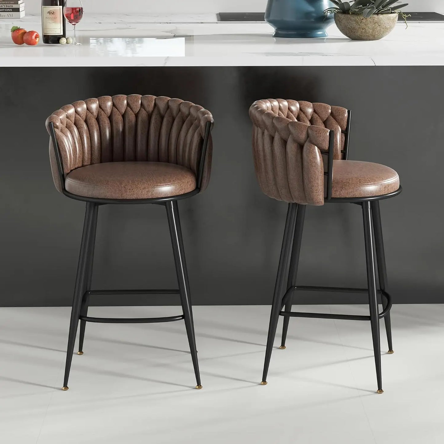Gold Bar Stools Set of 2, Velvet Hand-Woven Barstools, Seat Height 27″ Counter Stools with Upholstered Backrest, Modern Luxuriou