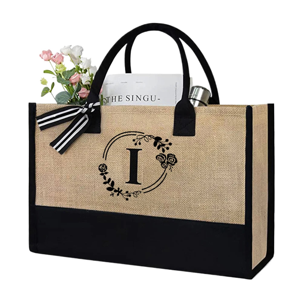 Women Jute Tote Bag Fashion Shopping Bag with Letter Stylish Commuting Bag Linen Travel Handbag for Teachers Friends Bridesmaids