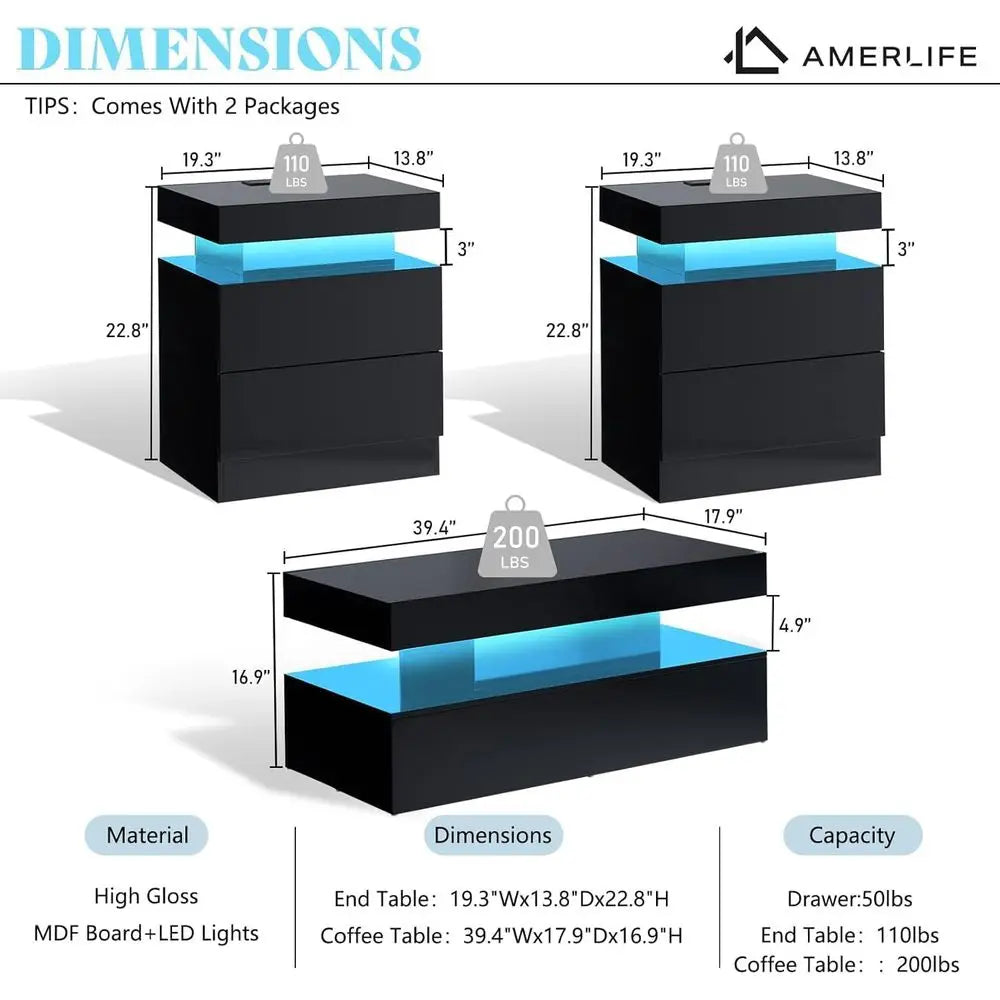 Modern 3-Piece Glossy Living Room Table Set: LED Coffee Table & 2 Charging Nightstands, Black