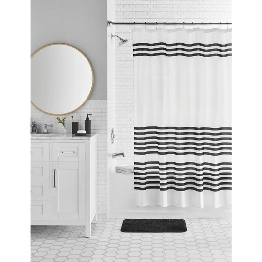 17-Piece Black & White Stripe Polyester/Plastic Shower Curtain & Bathroom Accessory Set， curtain