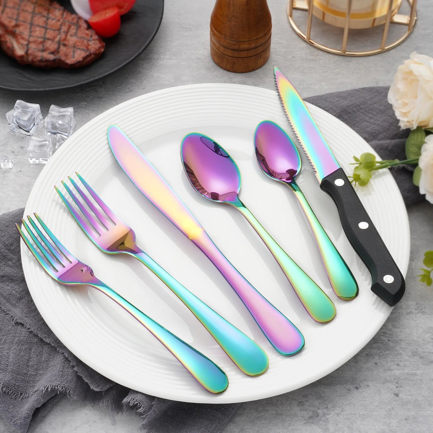 KOOMADE 24 pcs rainbow  Silverware Set Service For 4 Stainl Steel Flatware Serving Set Cutlery Set Knife Fork And Spoon