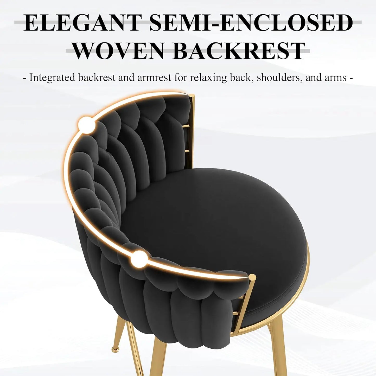Gold Bar Stools Set of 2, Velvet Hand-Woven Barstools, Seat Height 27″ Counter Stools with Upholstered Backrest, Modern Luxuriou