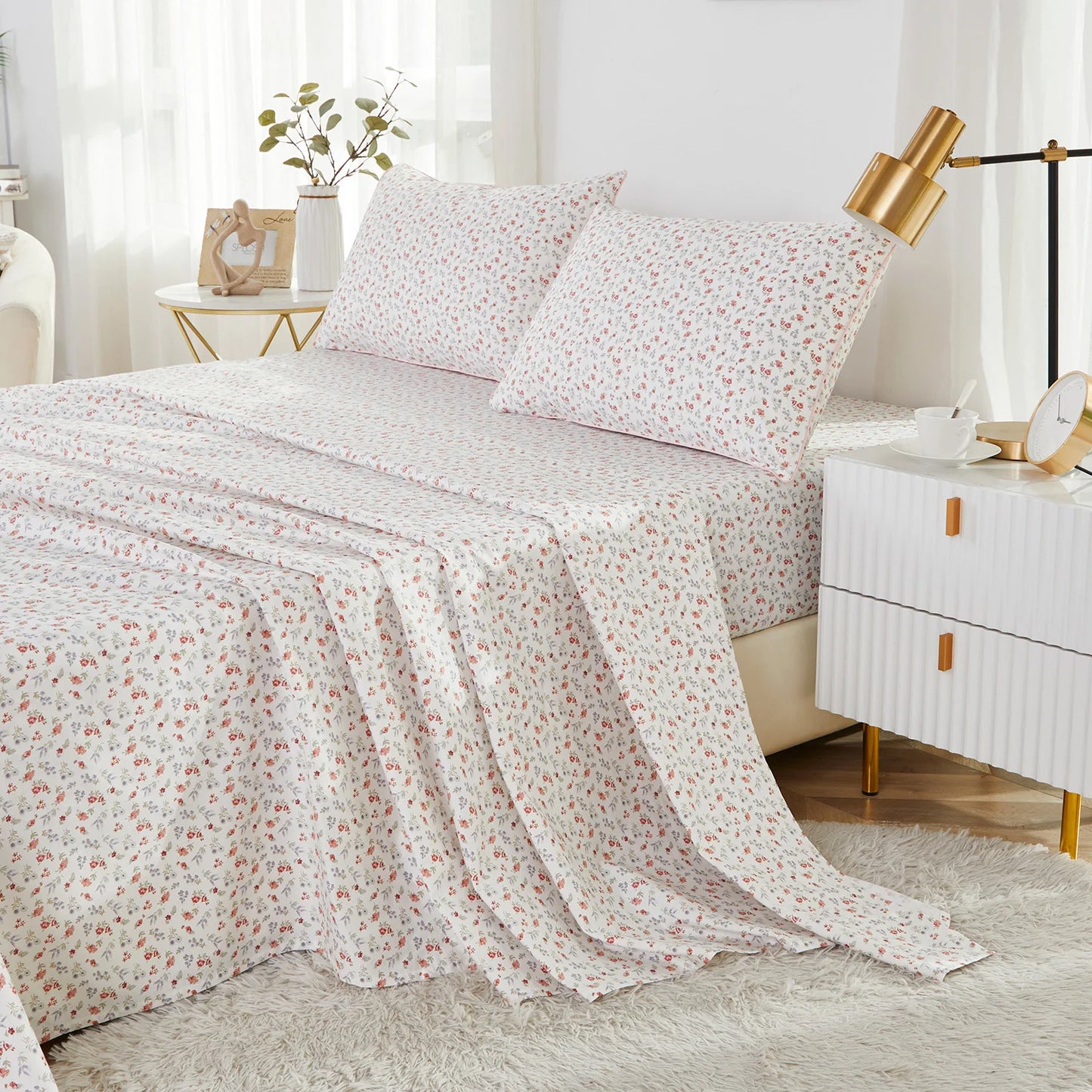 4pcs 600TC 100% Egyptian Cotton Fitted Sheet Set (Without Core)，Luxury Flower-Themed, Soft Breathable And Skin-friendly