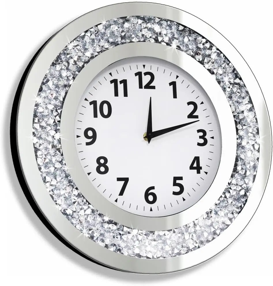 16x16 Inch Silver Crystal Diamond Mirror Wall Clock, Silent Quartz Movement, Modern Home Decor