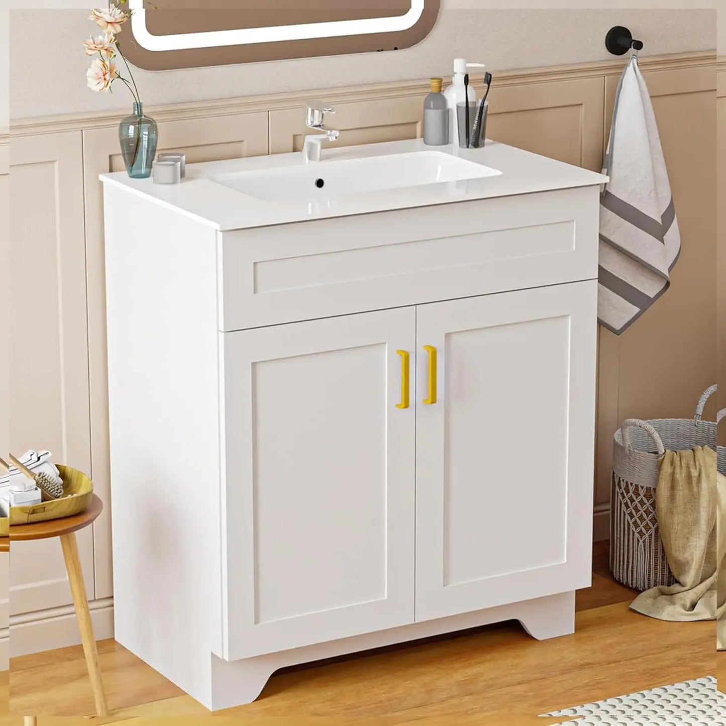 30 Inch Bathroom Vanity with Sink, Modern Bathroom Vanity with Ceramic Basin and Countertop, Easy Assembly