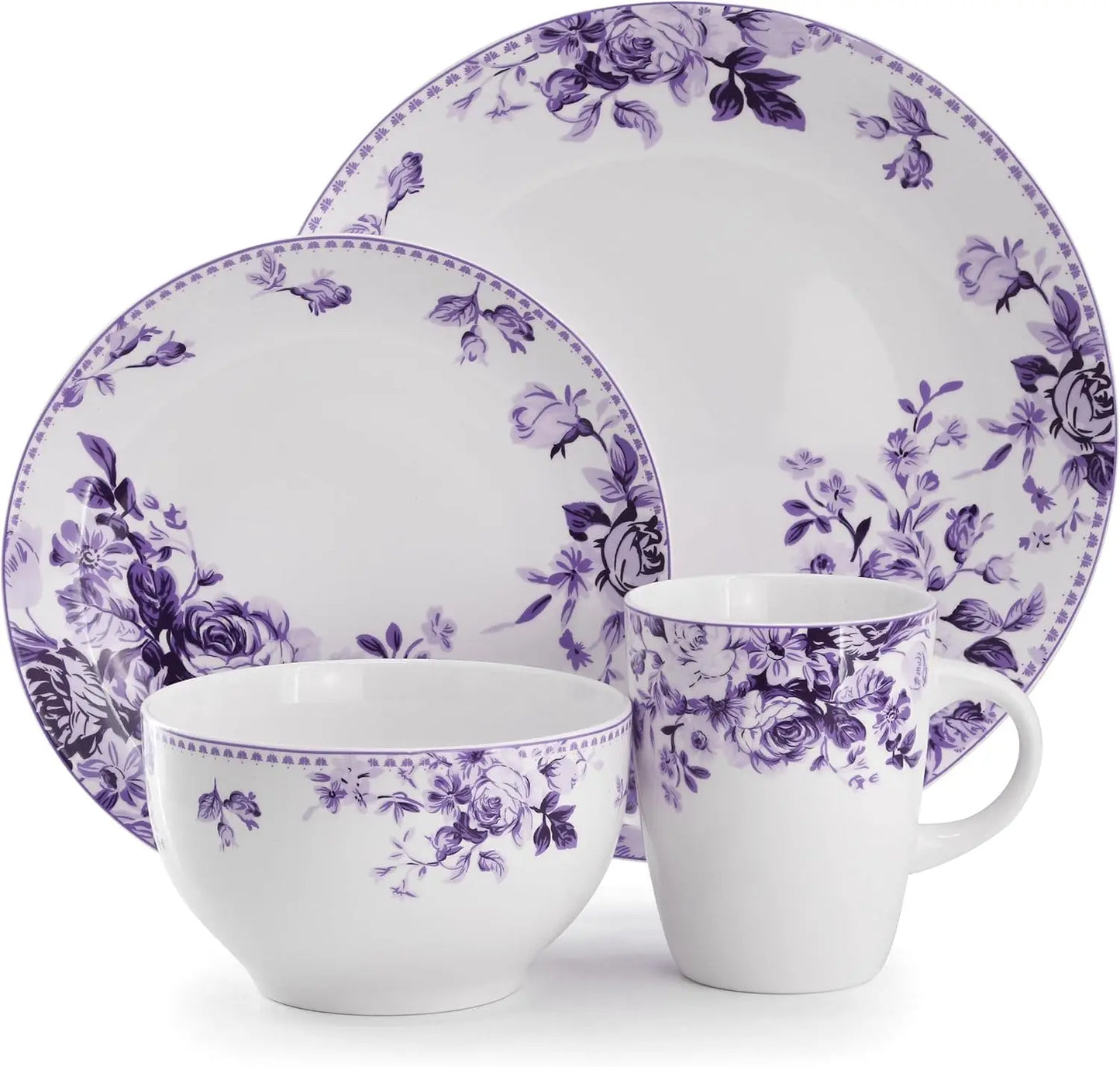 16-Piece Purple Stone Dinnerware Set for 4, Traditional Rose Design