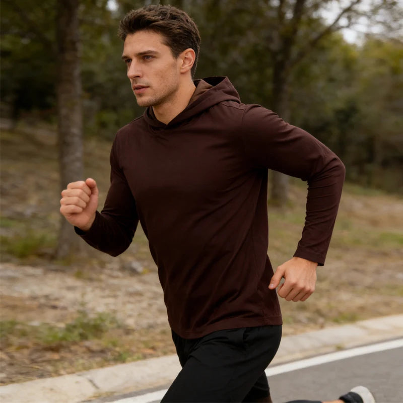 5pcs Men's T-shirt Sports Long Sleeved Shirts Hooded Solid Color Breathable Casual Shirt Suitable for Running And Fitness