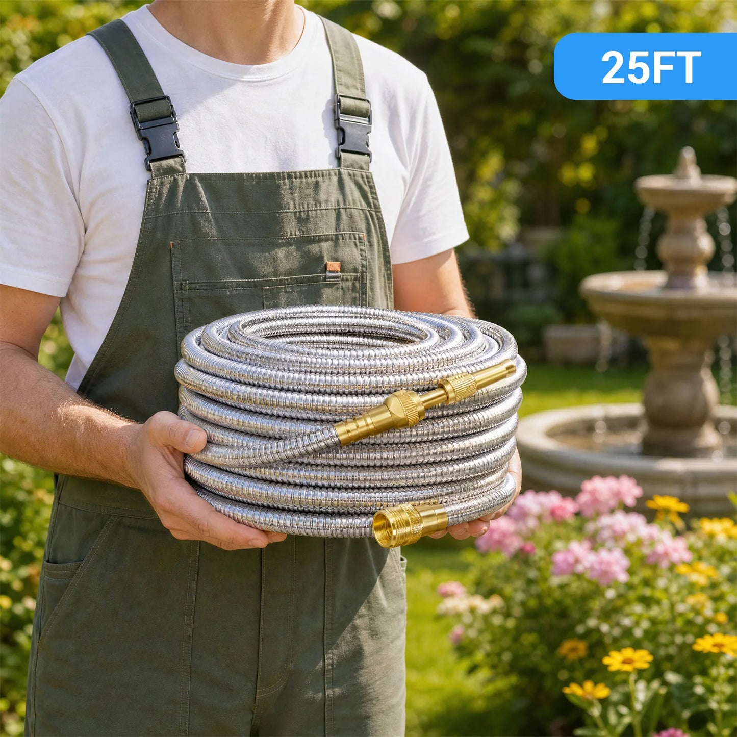 Heavy Duty Stainless Steel Garden Hose – Flexible Metal Water Hose – Kink Proof & Anti-Kink – Adjustable Brass Nozzle, Perfect for Lawn, Car Wash, Outdoor Irrigation, 25FT,50FT,75FT,100FT