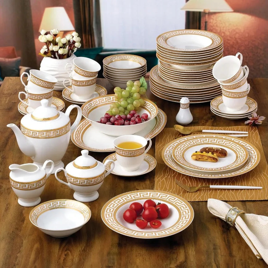 57Piece Bone China Dinnerware Set Service for 8 White and Golden Greek Key