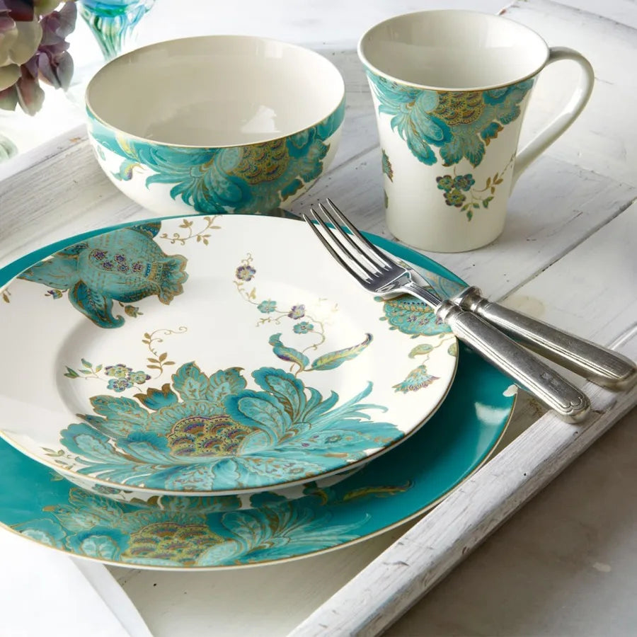 16Piece Porcelain Dinnerware Set for 4 Elegant Floral Plates and Bowls SetsWhite Teal Gold Ceramic Dishes Chip Resistant Kitche