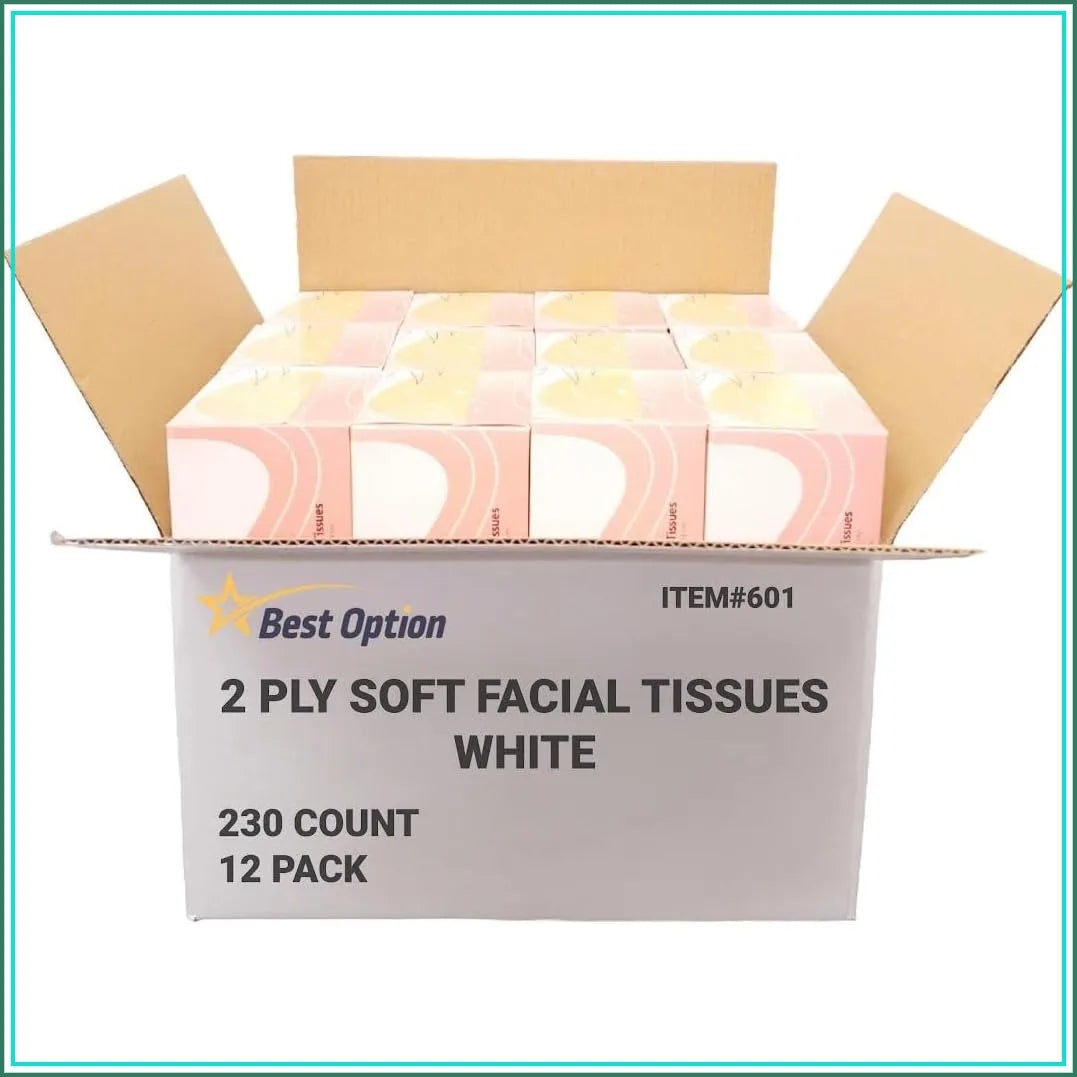 Soft 2-Ply Facial Tissue, White, 230-Count Box for Bathroom, Office, School, Bulk Pack of 12