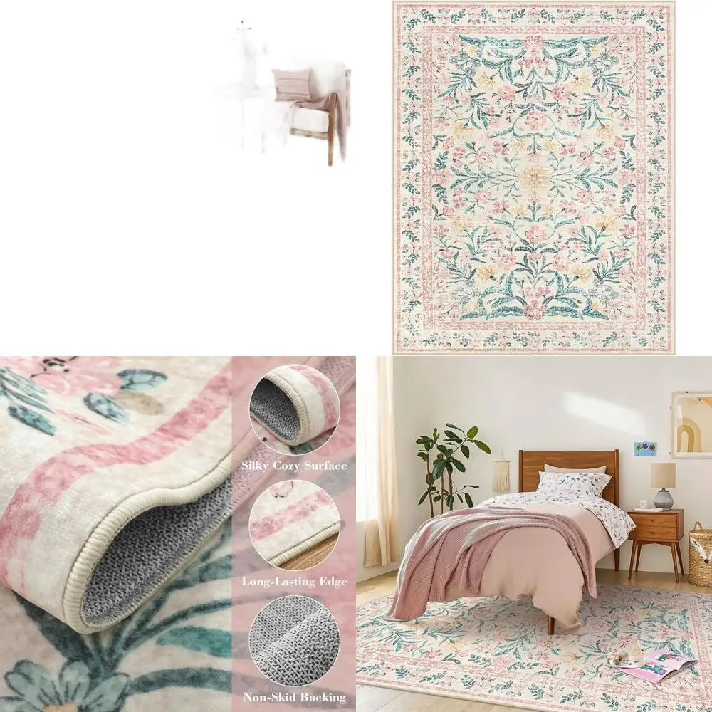 8x10 Bohemian Pink Area Rug, Soft and Non-Slip, Ideal for Living Rooms, Girls' Bedrooms, and Kids' Play Areas
