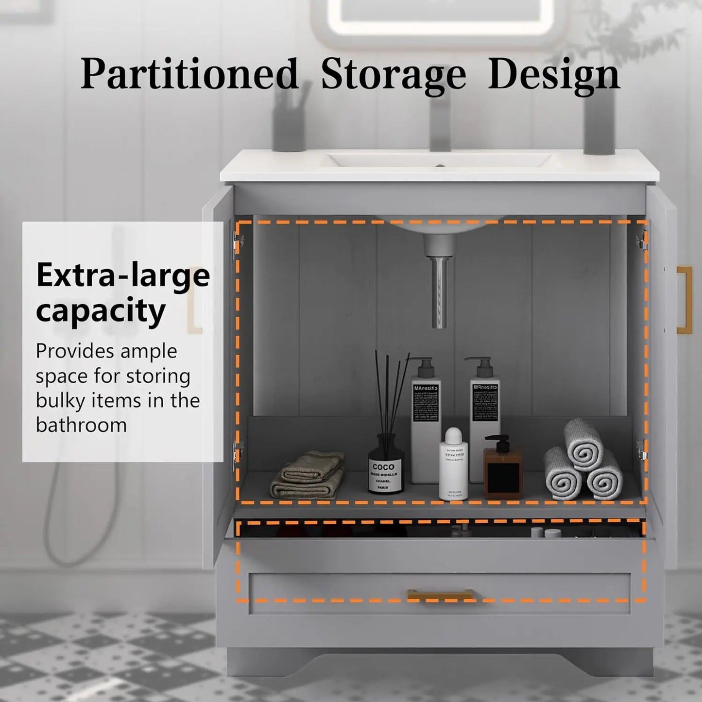 24" Bathroom Vanity with Ceramic Undermount Sink - Freestanding 2-Door & 1-Drawer Storage Cabinet