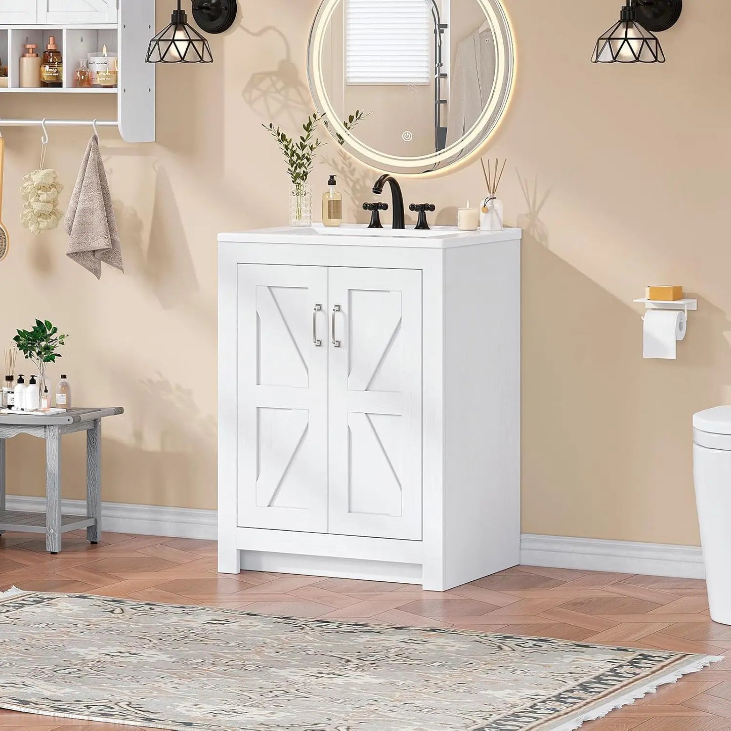 Farmhouse Bathroom Vanity with Sink, Freestanding Bathroom Vanities with Ceramic Basin & Soft-Close Door, Wood Cabinet