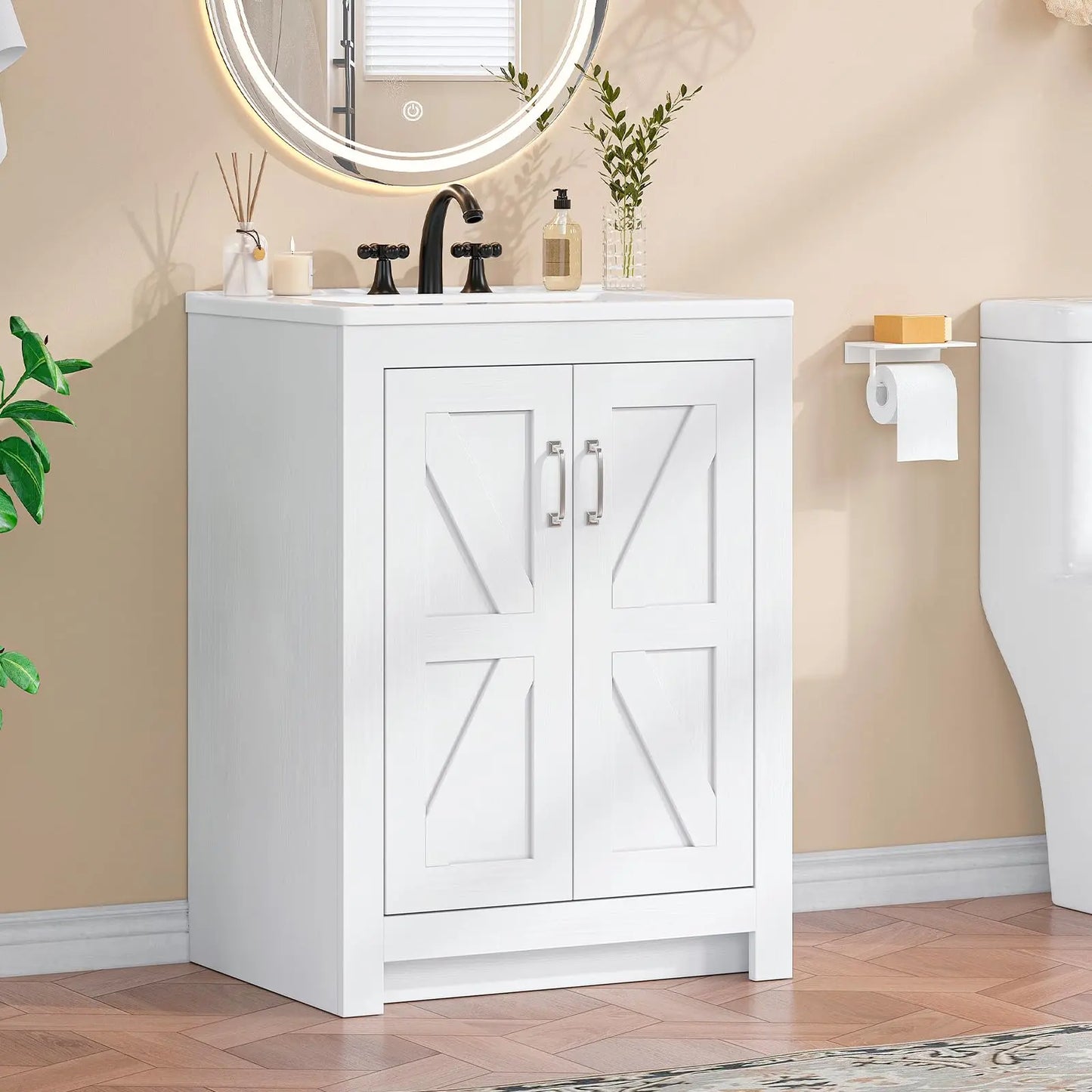 Farmhouse Bathroom Vanity with Sink, Freestanding Bathroom Vanities with Ceramic Basin & Soft-Close Door, Wood Cabinet