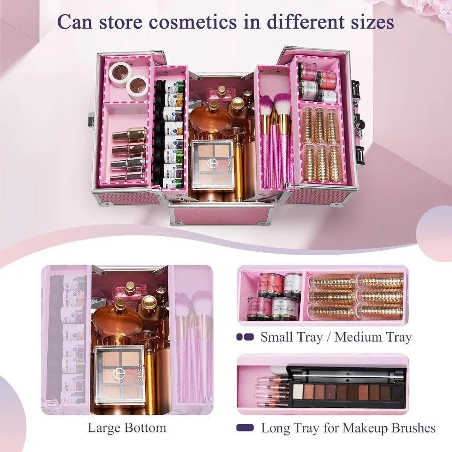 Portable Makeup Artist Travel Case with 4 Trays and Dividers for Cosmetics Storage Lockable Hard Case for Nail Tech Supplies Id