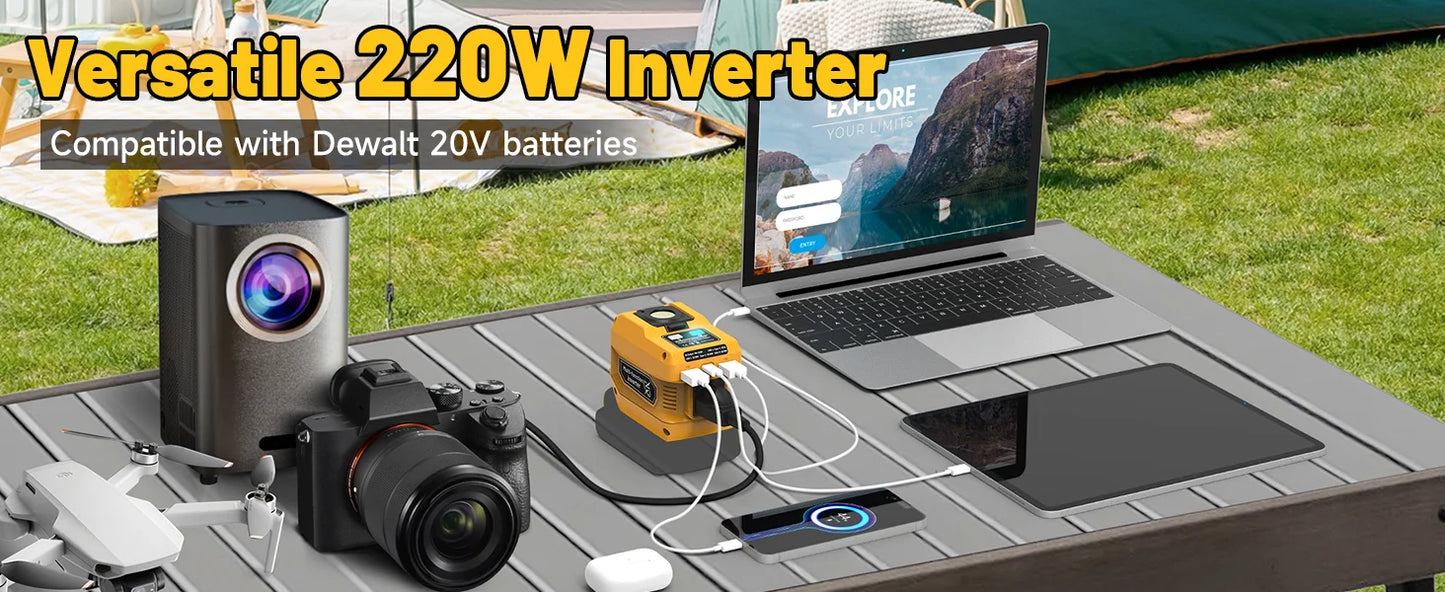 Kzreect 220W Power Inverter Compatible with Dewalt 20V Battery, 20V to AC 110V, 4 Output & 300LM LED, Inverter for Camping