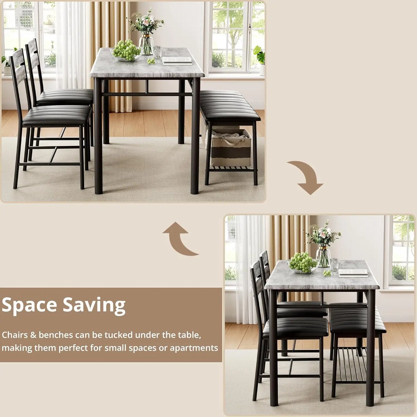 IRONCK Dining Table Set for 4, Kitchen Table and Chairs Set for Small Space, Kitchen Table with Upholstered Bench and 2 Chairs