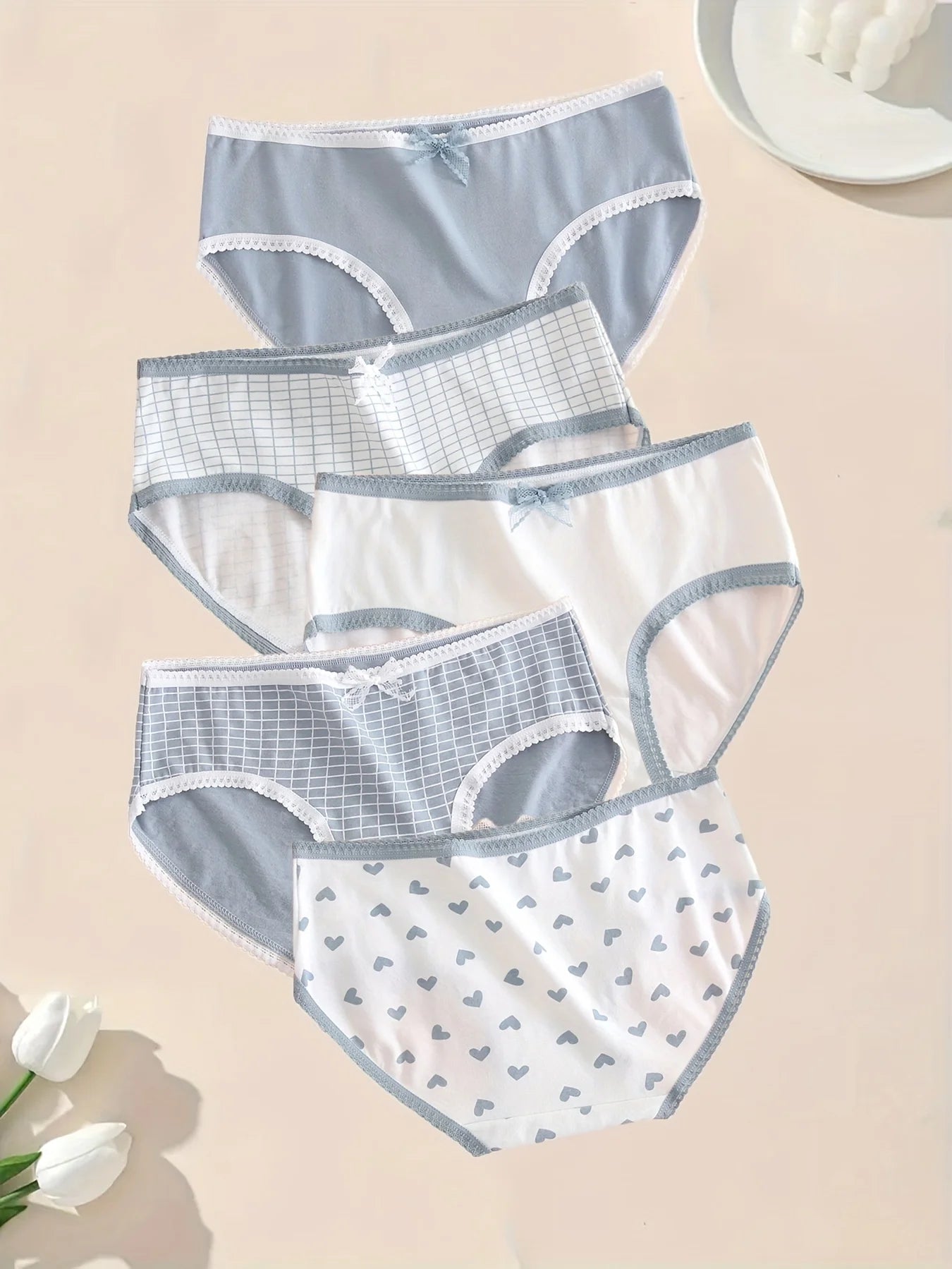 5pcs Soft Cotton Briefs for Women Sweet Heart Plaid Print Panties Gentle Breathable Intimates for Daily Comfort
