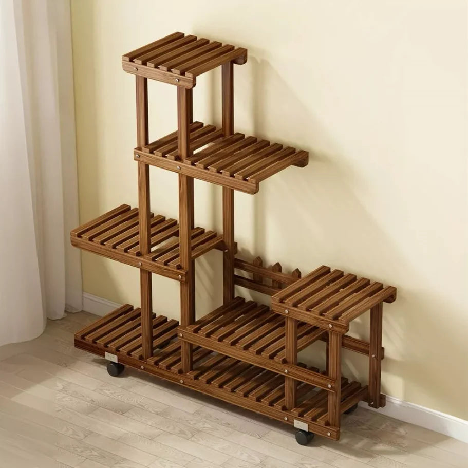 Multi-Layer Wood Plant Stand Rack Outdoor Indoor Rolling Flower Pot Holder with Wheels