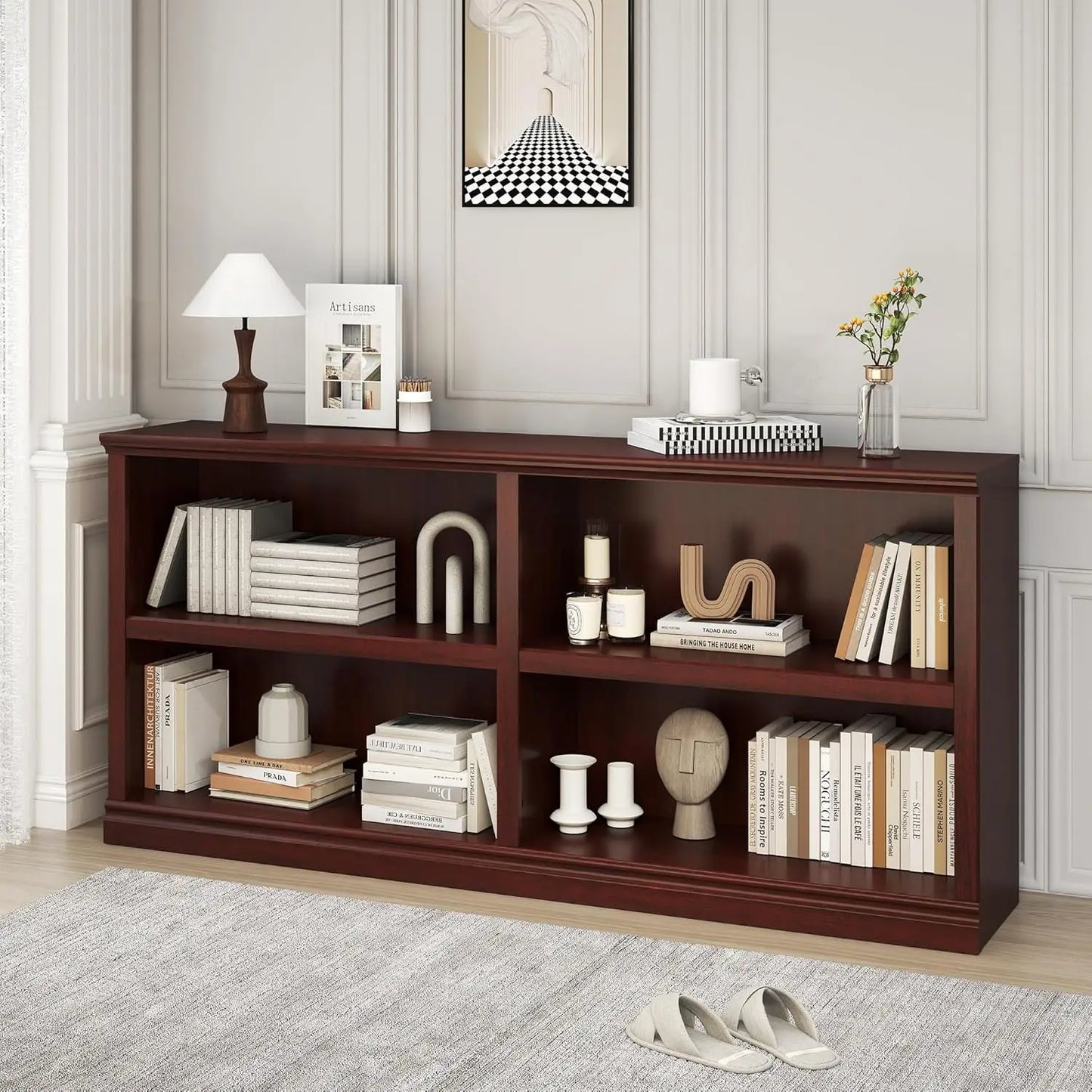 Double Wide Open Shelf Bookcase - 2 Tiers 4 Storage Cube Adjustable Space Book Case, Display Cabinet Organizer with, Customized