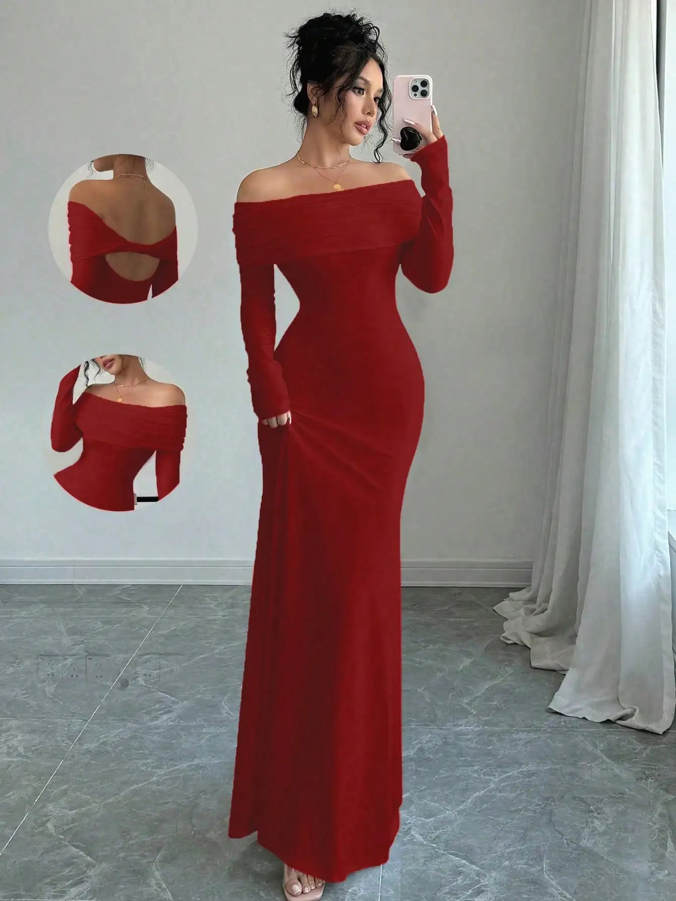 White Off-Shoulder Long Sleeve Maxi Dress with Back Twist Knot, Fitted Silhouette for Evening Events