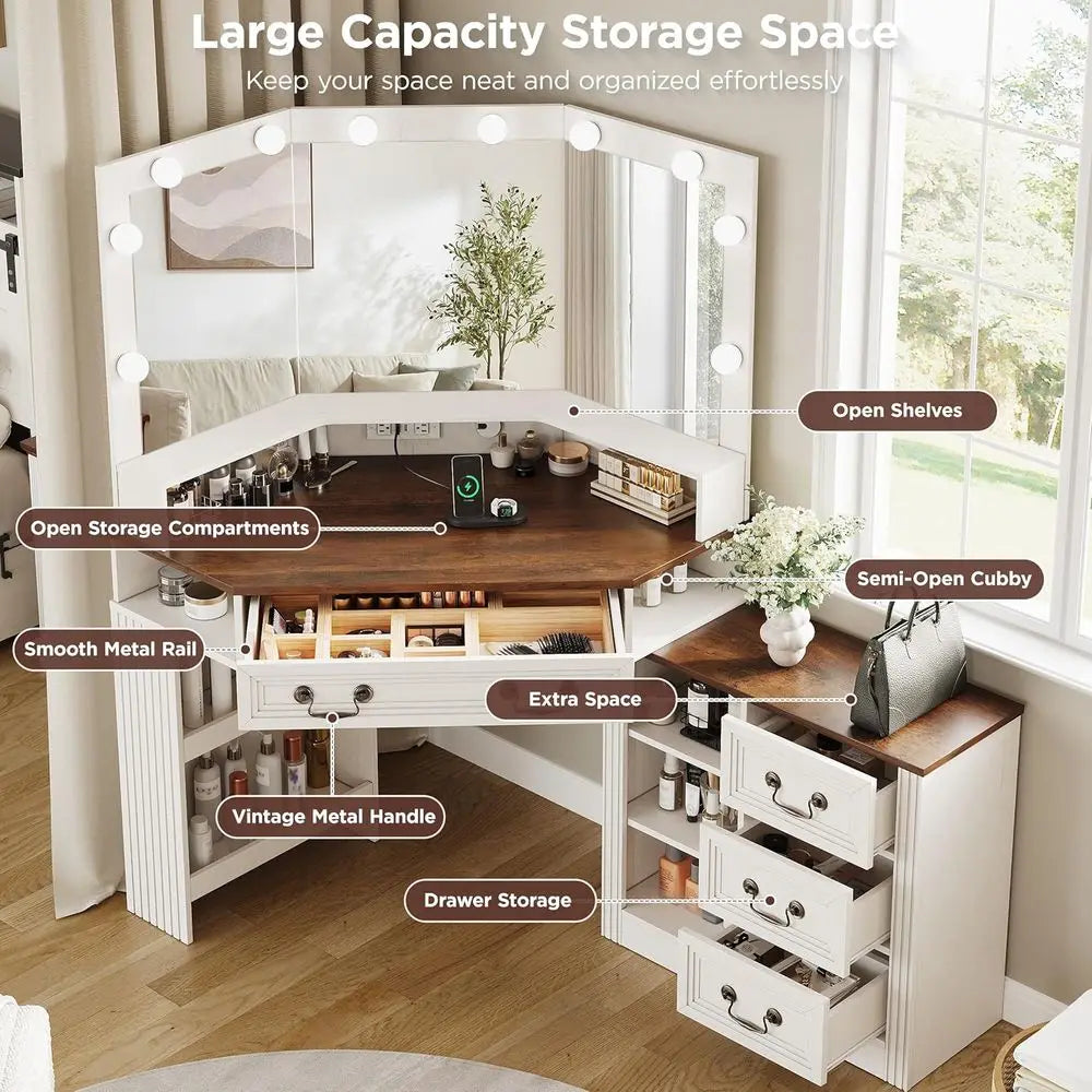 43 White Makeup Vanity Desk with 3-Way Mirror, Lights, Charging Station, and Storage