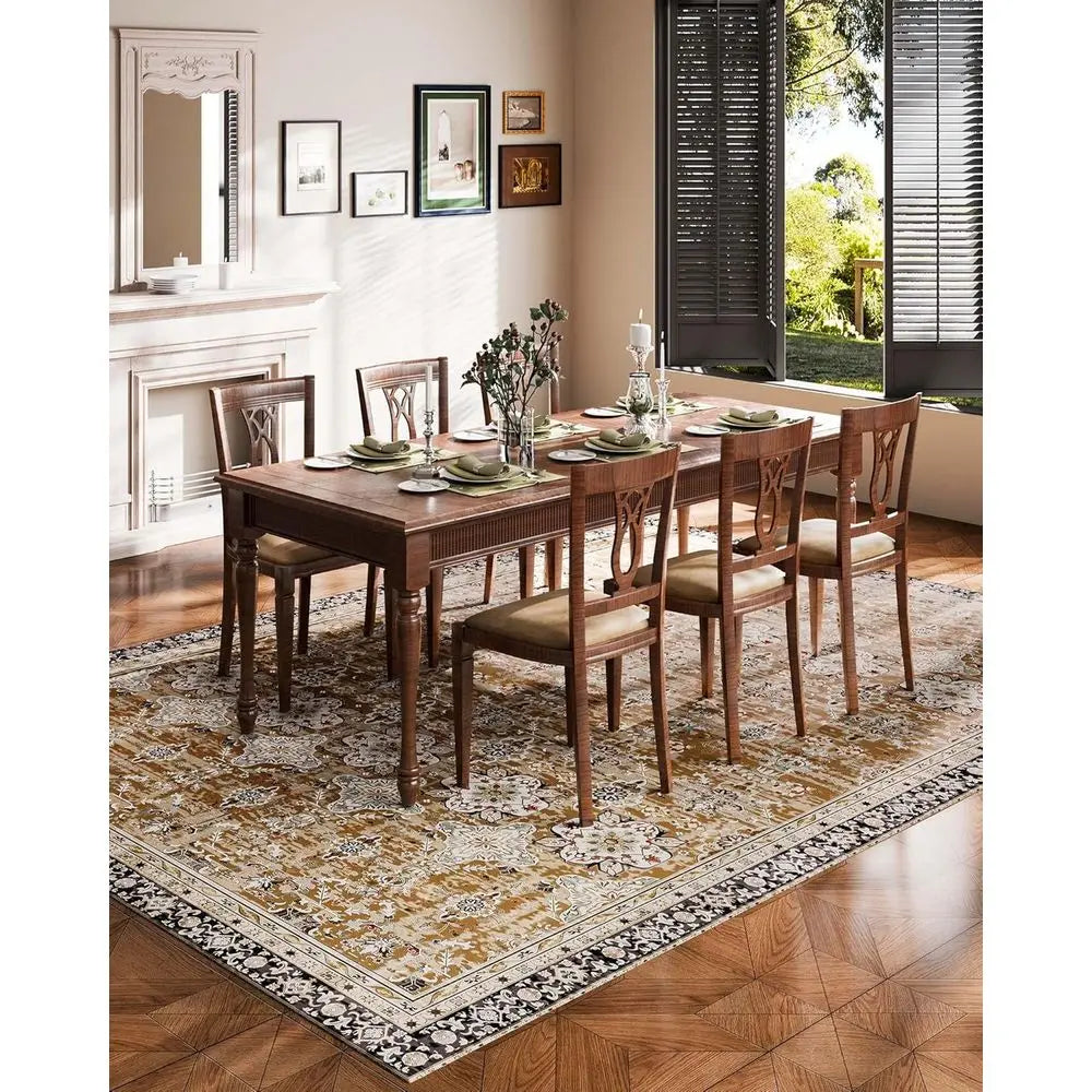 Large 9x12 ft Washable Non-Slip Area Rug - Soft, Pet & Child Safe Vintage Carpet for Home Office, Brown/Green