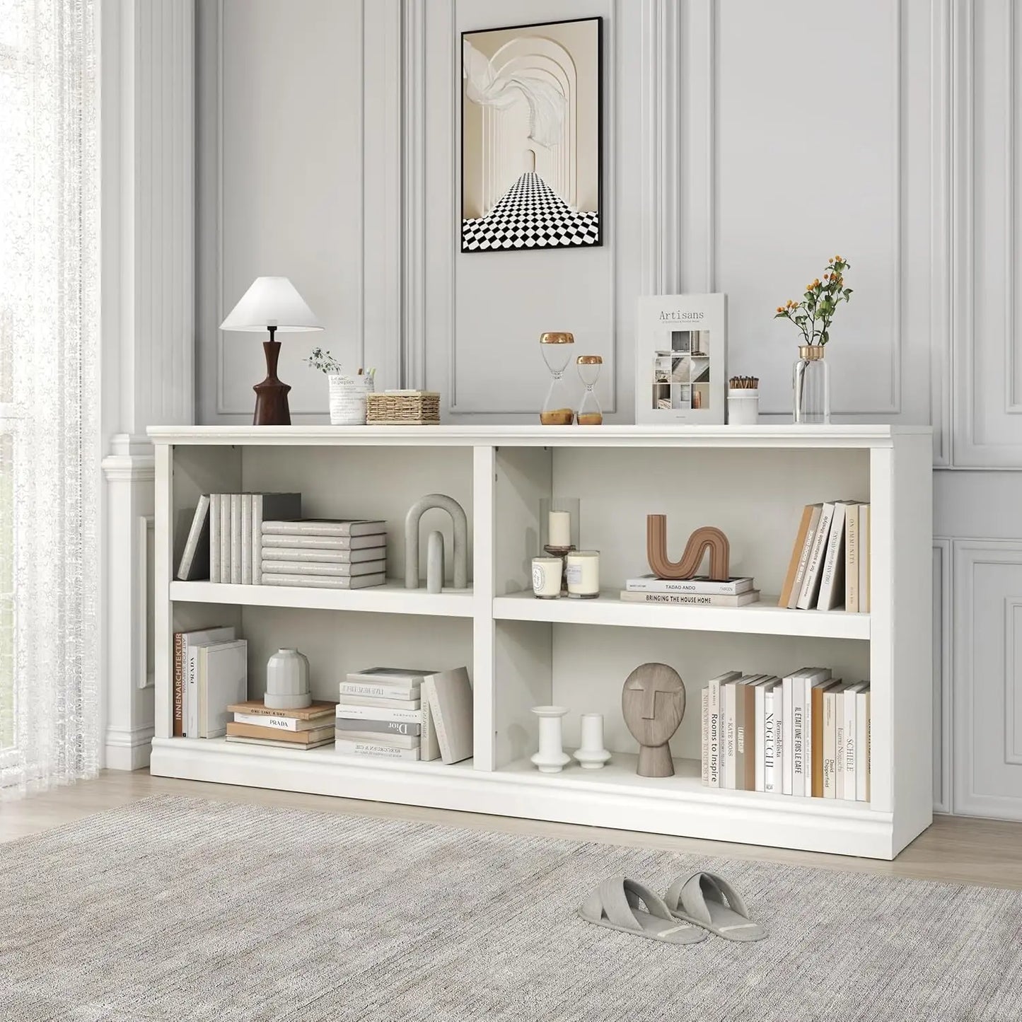 Double Wide Open Shelf Bookcase - 2 Tiers 4 Storage Cube Adjustable Space Book Case, Display Cabinet Organizer with, Customized