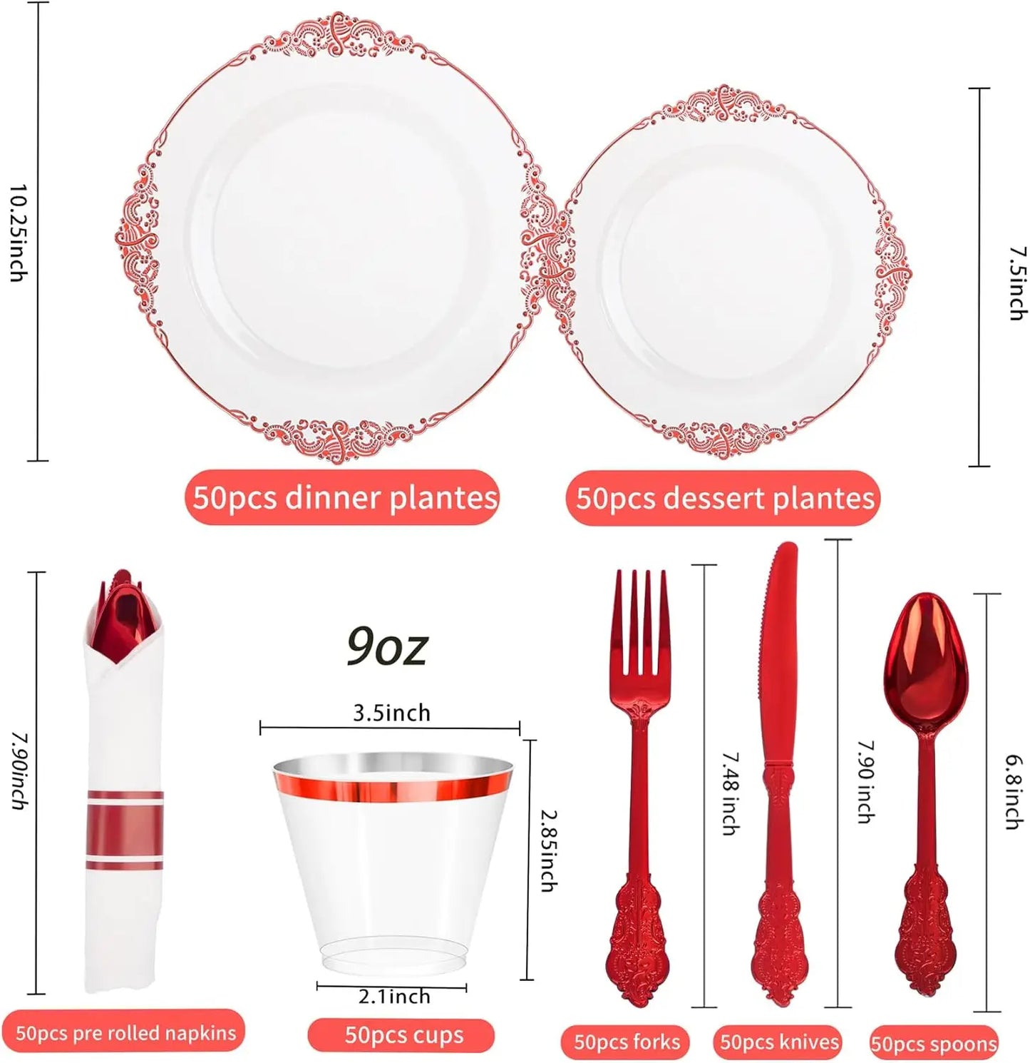 350pcs Clear and Red Plates - Red Party Plates for 50 Guest, Include 100 Heavy-duty Plates(20% Thicker Than Standard), 50 Pre Ro