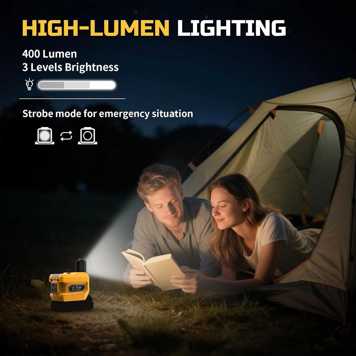 Kzreect 220W Power Inverter Compatible with Dewalt 20V Battery, 20V to AC 110V, 4 Output & 300LM LED, Inverter for Camping