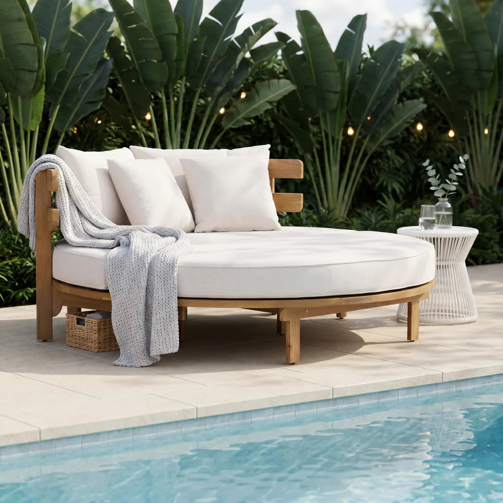 Outdoor Acacia Wood Round Daybed, Patio Lounger with Curved Slatted Backrest, Cushion and 4 Pillows for Backyard, Poolside
