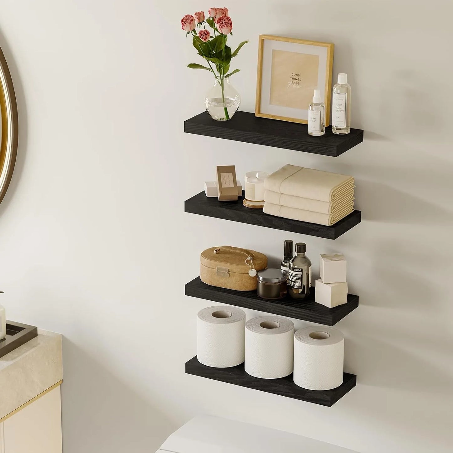 4 PACK Floating Shelves Black Wall Mounted Display Shelves for Living Room Bedroom Home Decor Minimalist Space Saving Storage