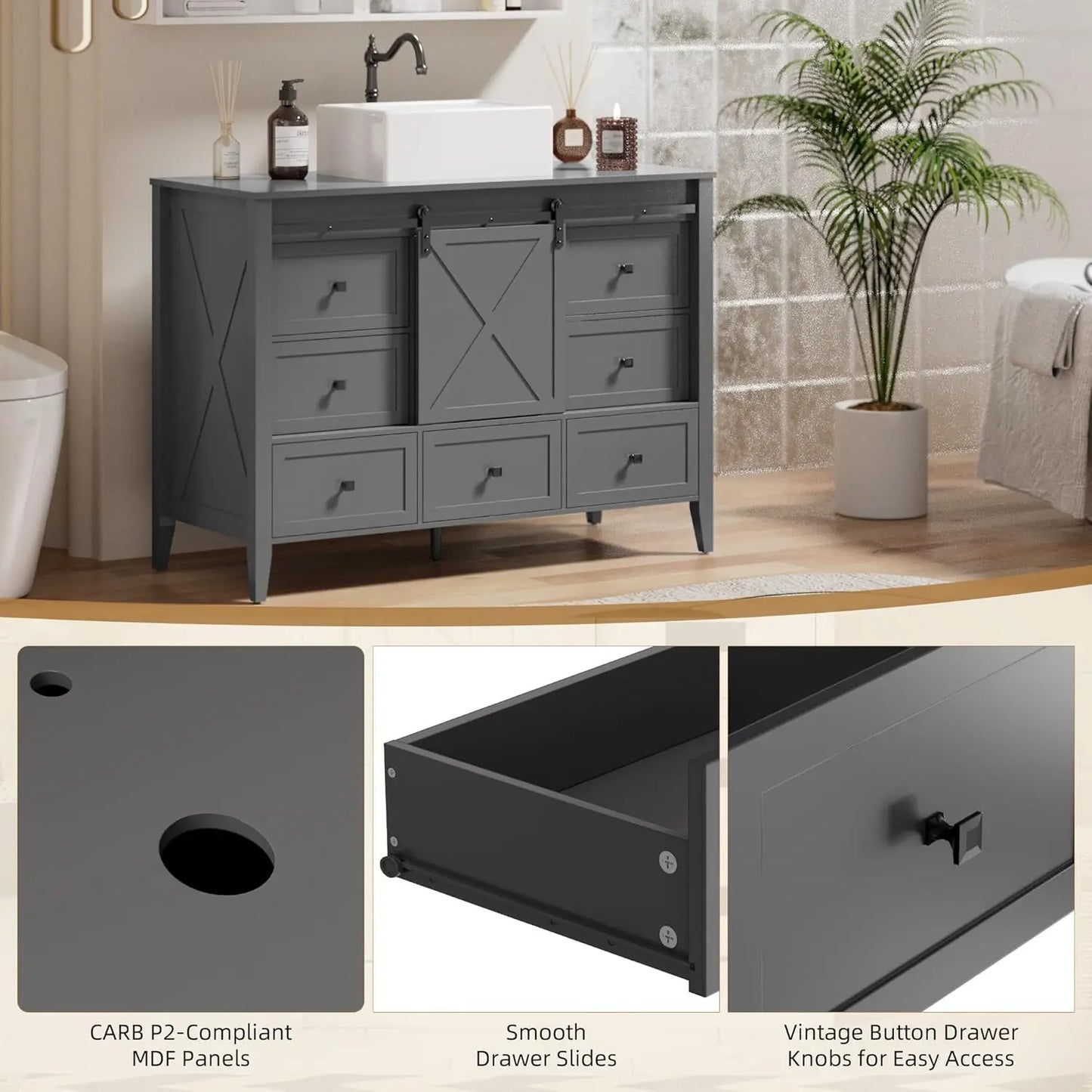 48 Inch Bathroom Vanity with Sink Ceramic, Freestanding Cabinet with Farmhouse Sliding Barn Door, Space-Saving Storage Cabinet