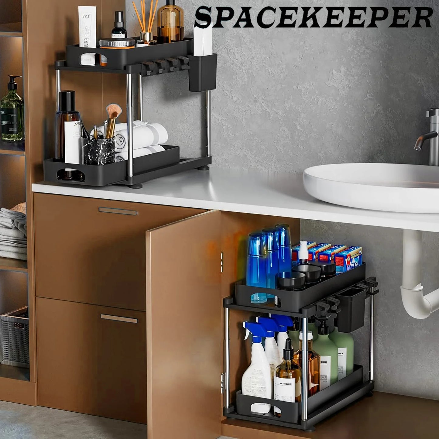 2 Pack Under Sink Organizers and Storage, 2 Tier Height Adjustable Countertop Organizer for Kitchen Bathroom Laundry