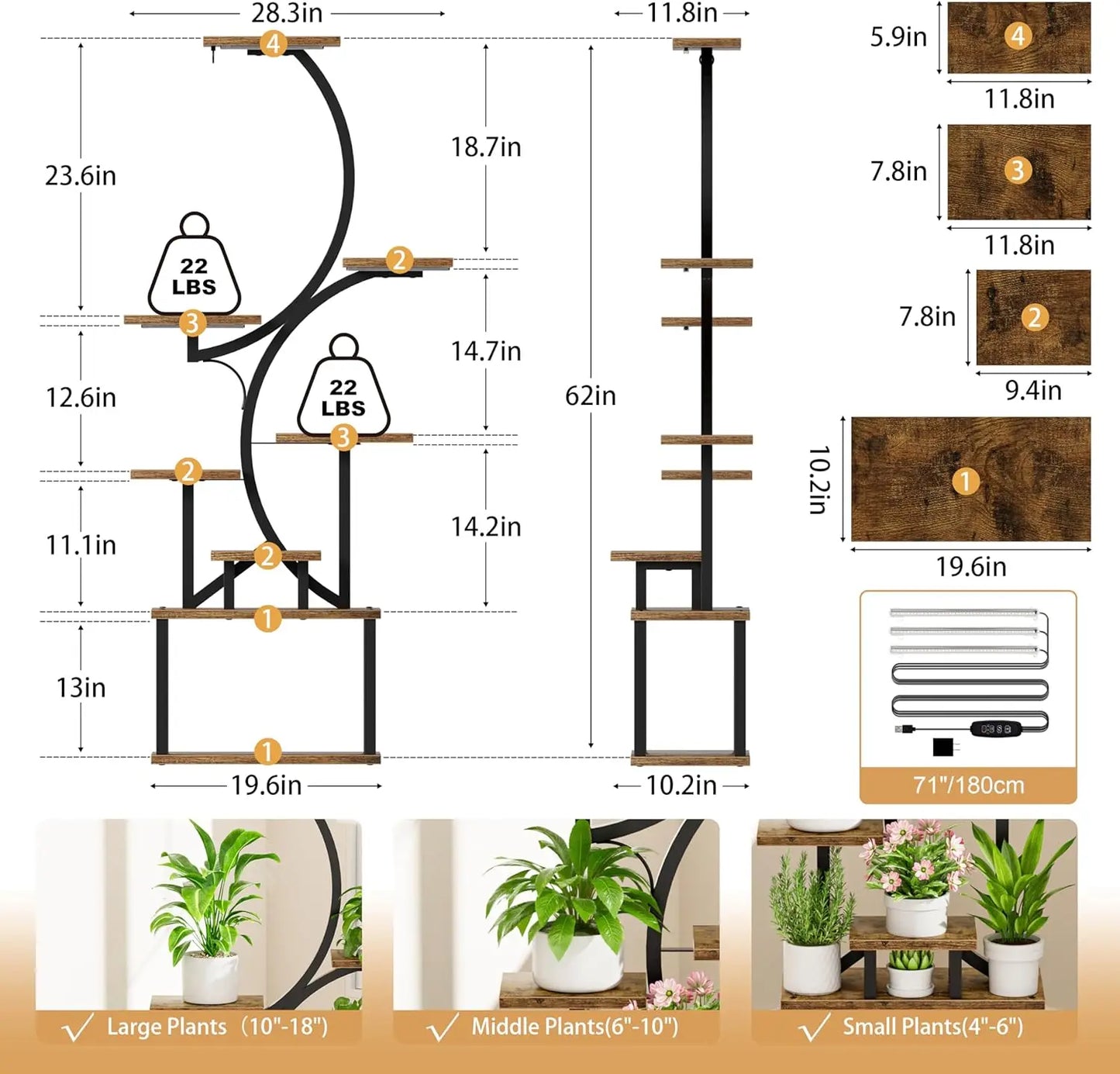 Indoor Plant Stand with Grow Lights 62 Inch Tall, 8 Tier Lighted Corner Shelf for Indoor Plants, Large Flower Holder Brown