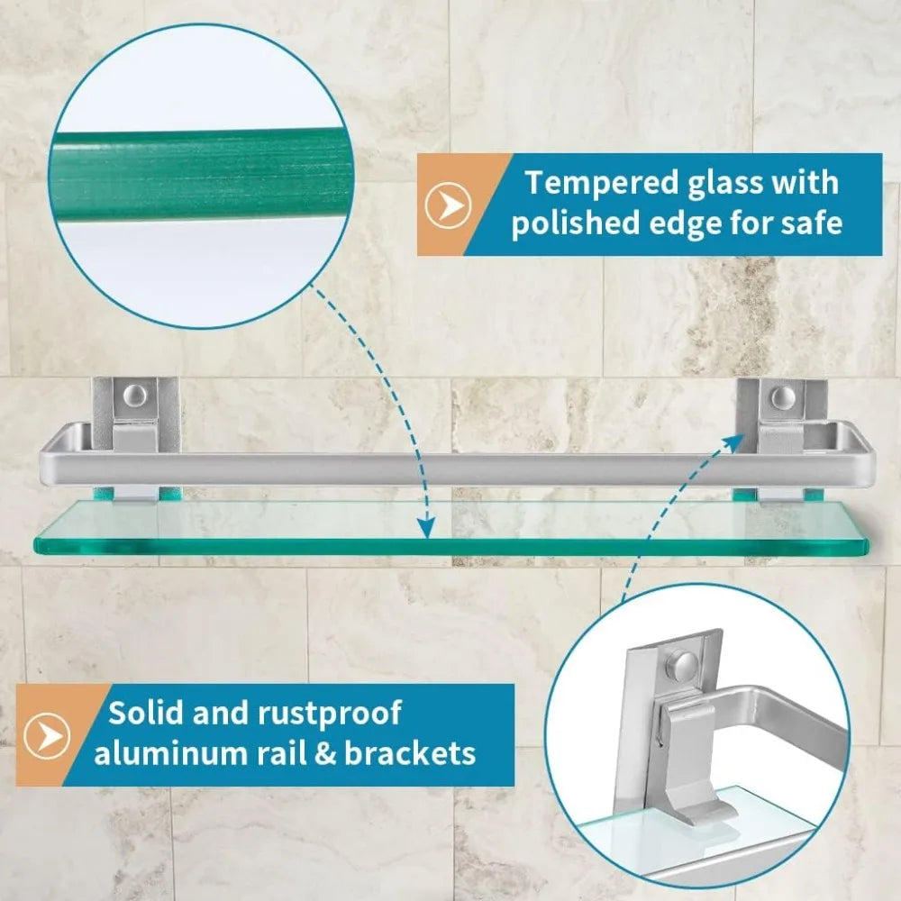 2-Pack Tempered Glass Bathroom Shelf with Rail, 15" x 4.5" Rectangular Shower Caddy, Wall Mounted Floating Shampoo Holder for La