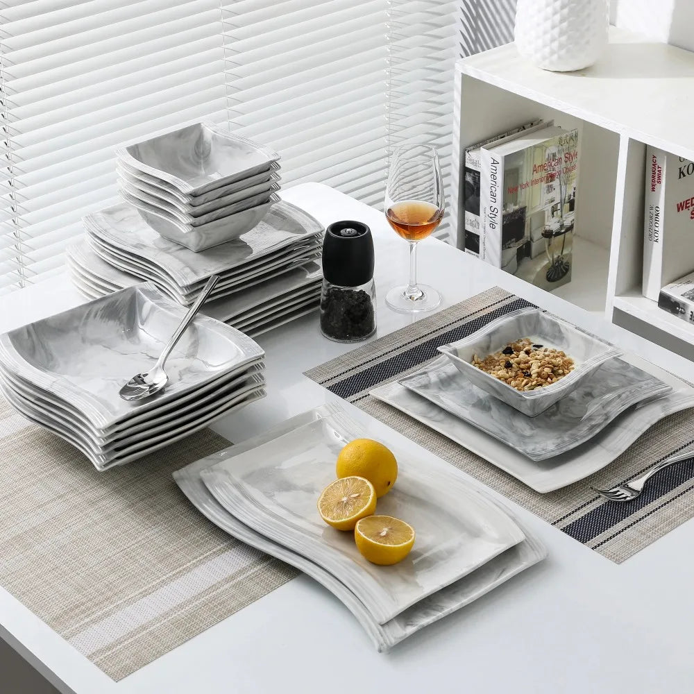 MALACASA FLORA 26-PIECE Nordic European Marble Gray Porcelain Tableware Set with 6PCS Bowl Dinner Plate Dessert Soup Plate